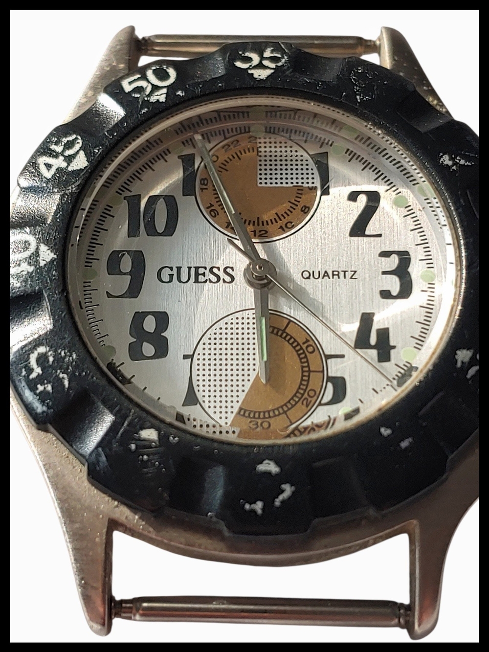 Vintage 1992 GUESS Silver Dial Men’s Watch Case, Works, with New Battery